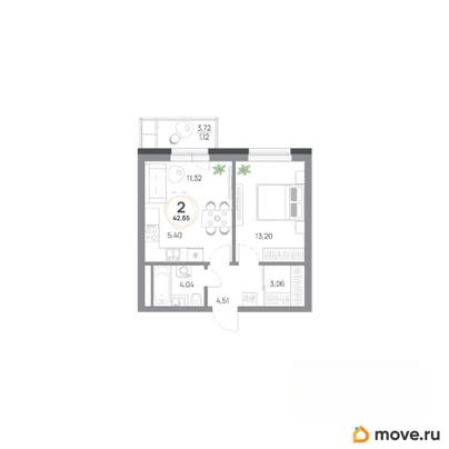 2-комн. квартира, 42.65 м&sup2;