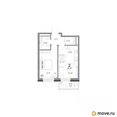 2-комн. квартира, 43.79 м&sup2;