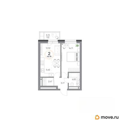 2-комн. квартира, 43.79 м&sup2;