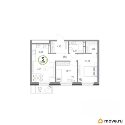 3-комн. квартира, 60.65 м&sup2;