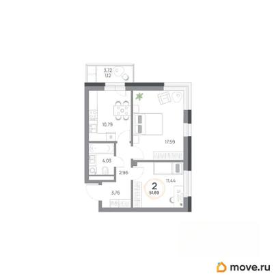 2-комн. квартира, 51.69 м&sup2;