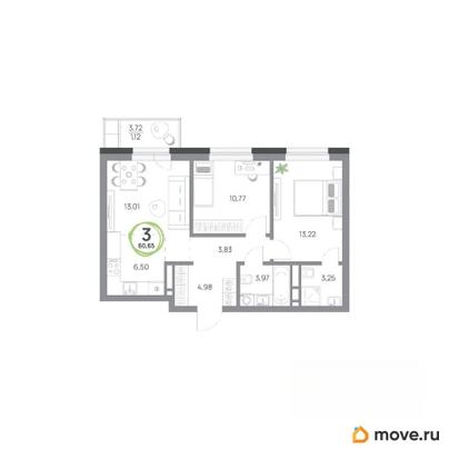 3-комн. квартира, 60.65 м&sup2;