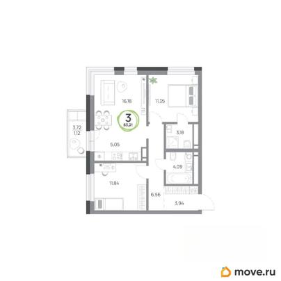 3-комн. квартира, 63.21 м&sup2;