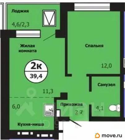 2-комн. квартира, 39.4 м&sup2;