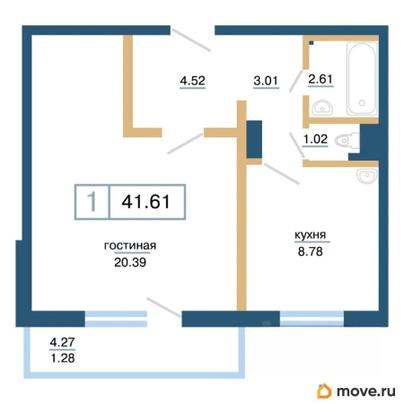 1-комн. квартира, 41.61 м&sup2;