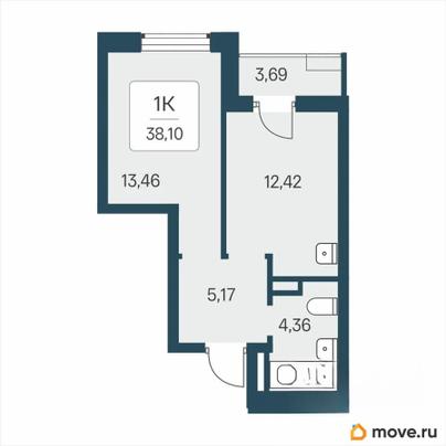 1-комн. квартира, 38.1 м&sup2;