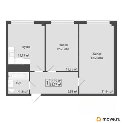 2-комн. квартира, 63.77 м&sup2;
