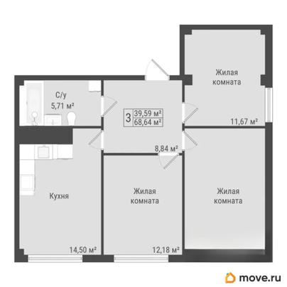 3-комн. квартира, 68.64 м&sup2;
