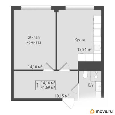 1-комн. квартира, 41.69 м&sup2;