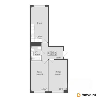 2-комн. квартира, 62.23 м&sup2;