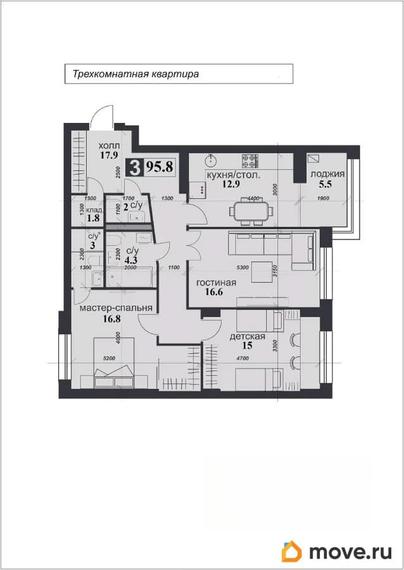 3-комн. квартира, 95.8 м&sup2;