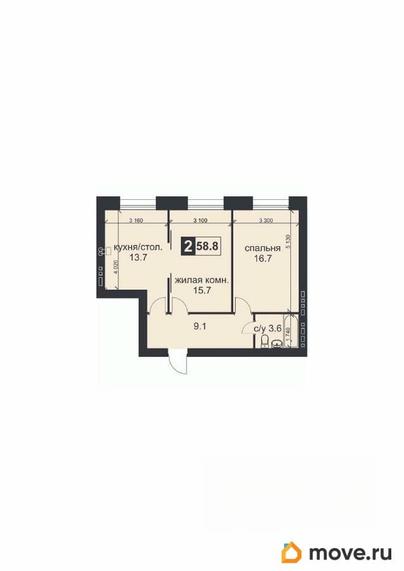 2-комн. квартира, 58.8 м&sup2;