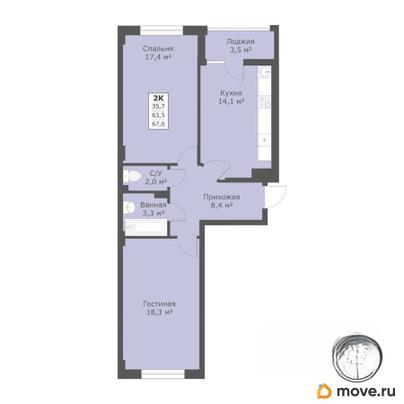 2-комн. квартира, 66.7 м&sup2;