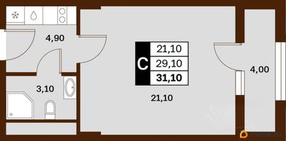1-комн. квартира, 31.1 м&sup2;