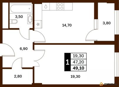 1-комн. квартира, 49.1 м&sup2;