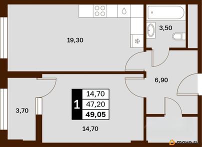 1-комн. квартира, 49.05 м&sup2;