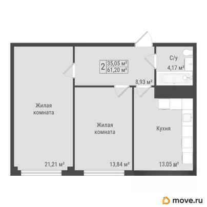 2-комн. квартира, 61.2 м&sup2;