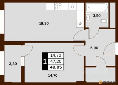 1-комн. квартира, 49.1 м&sup2;