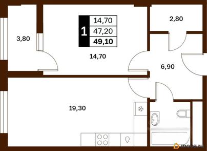 1-комн. квартира, 49.1 м&sup2;