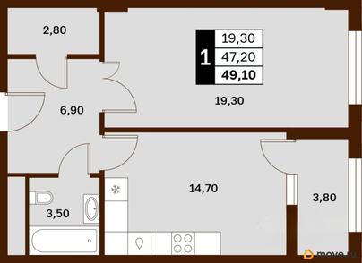 1-комн. квартира, 49.1 м&sup2;