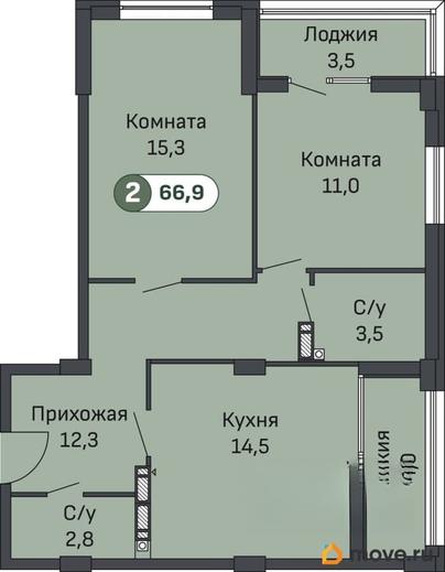2-комн. квартира, 66.9 м&sup2;