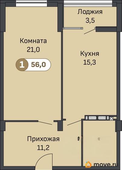 1-комн. квартира, 56.3 м&sup2;