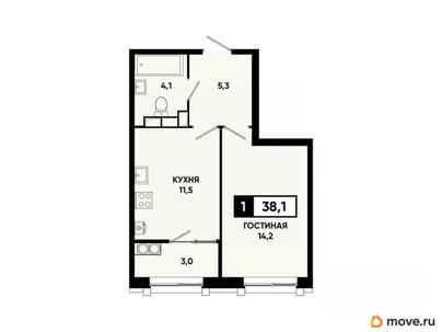 1-комн. квартира, 38.1 м&sup2;