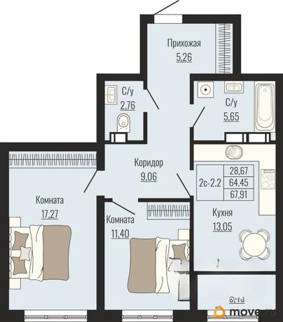 2-комн. квартира, 67.91 м&sup2;