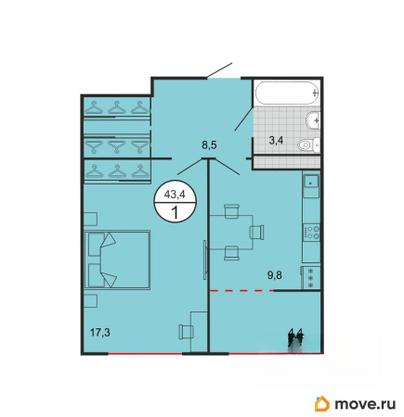 1-комн. квартира, 43.4 м&sup2;