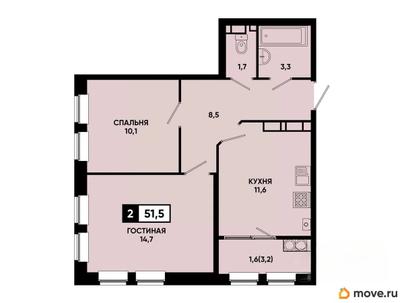 2-комн. квартира, 51.5 м&sup2;