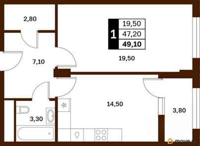 1-комн. квартира, 49.1 м&sup2;