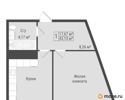 1-комн. квартира, 43.15 м&sup2;