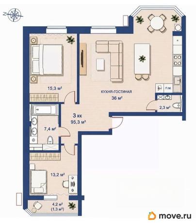 3-комн. квартира, 95.1 м&sup2;