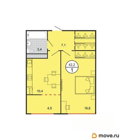 1-комн. квартира, 42.2 м&sup2;