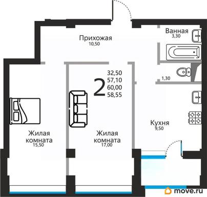 2-комн. квартира, 58.55 м&sup2;