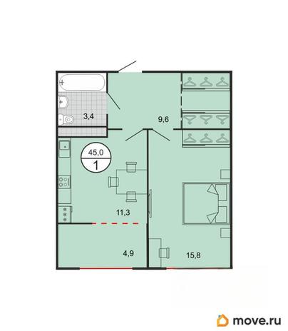 1-комн. квартира, 45 м&sup2;