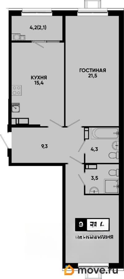 2-комн. квартира, 71.4 м&sup2;