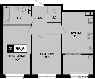 2-комн. квартира, 55.5 м&sup2;