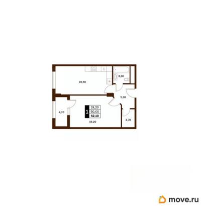 1-комн. квартира, 52.1 м&sup2;