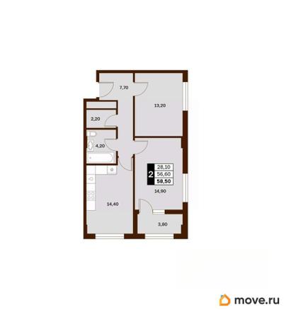 2-комн. квартира, 58.5 м&sup2;