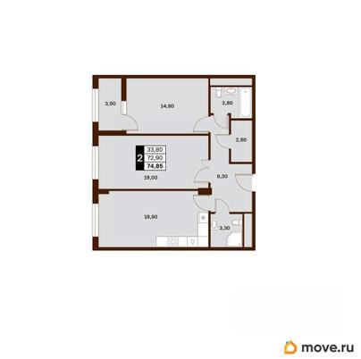 2-комн. квартира, 74.85 м&sup2;