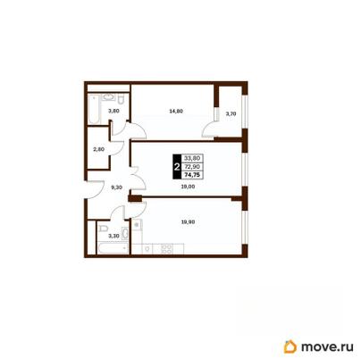 2-комн. квартира, 74.75 м&sup2;