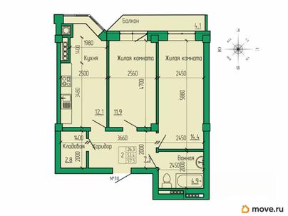 2-комн. квартира, 57.5 м&sup2;