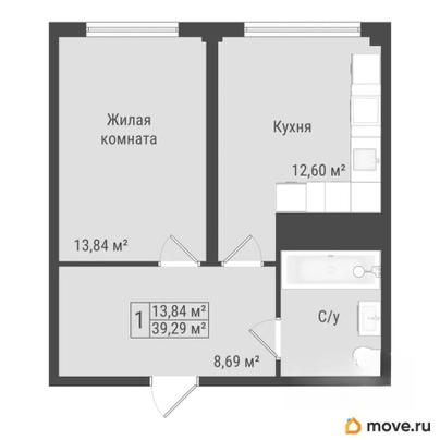 1-комн. квартира, 39.29 м&sup2;