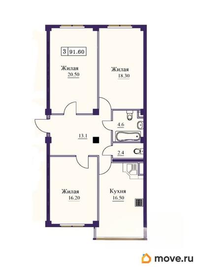 3-комн. квартира, 91.6 м&sup2;
