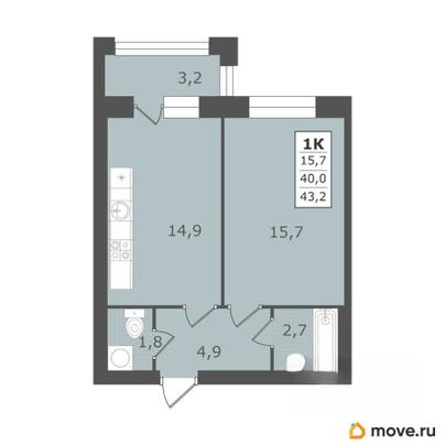 1-комн. квартира, 43.2 м&sup2;