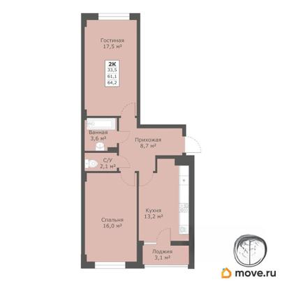 2-комн. квартира, 63.9 м&sup2;