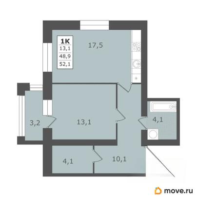 1-комн. квартира, 52.1 м&sup2;