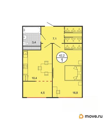 1-комн. квартира, 42.2 м&sup2;