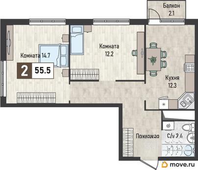 2-комн. квартира, 55.5 м&sup2;